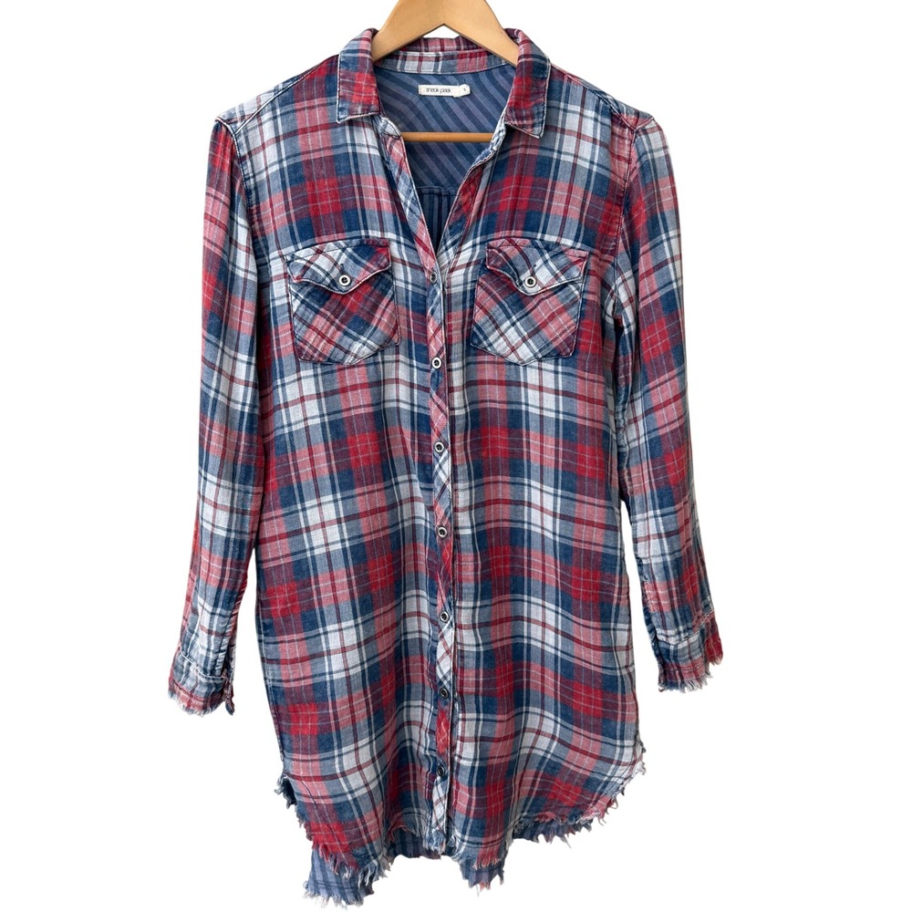 Sneak Peek Womens Plaid Tunic Button Down Shirt Cotton Size Small Indie Western